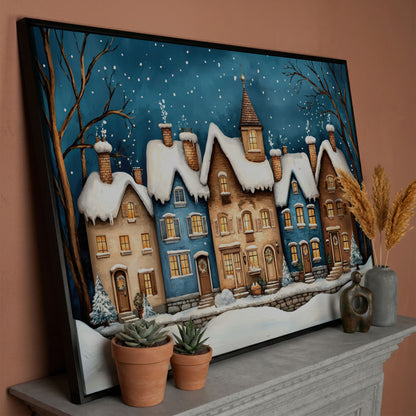 Winter Night Town Canvas Print with Golden Windows in black floating frame