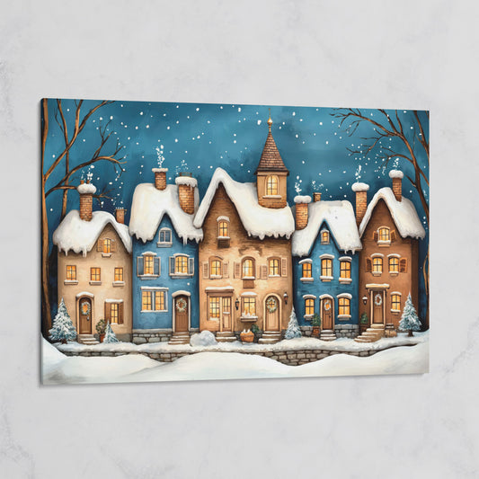 Winter Night Town Canvas Print with Golden Windows on gallery wrap