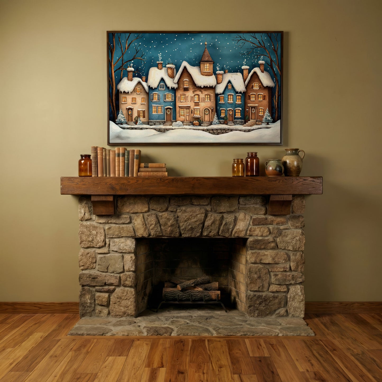 Winter Night Town Canvas Print with Golden Windows in dark walnut floating frame
