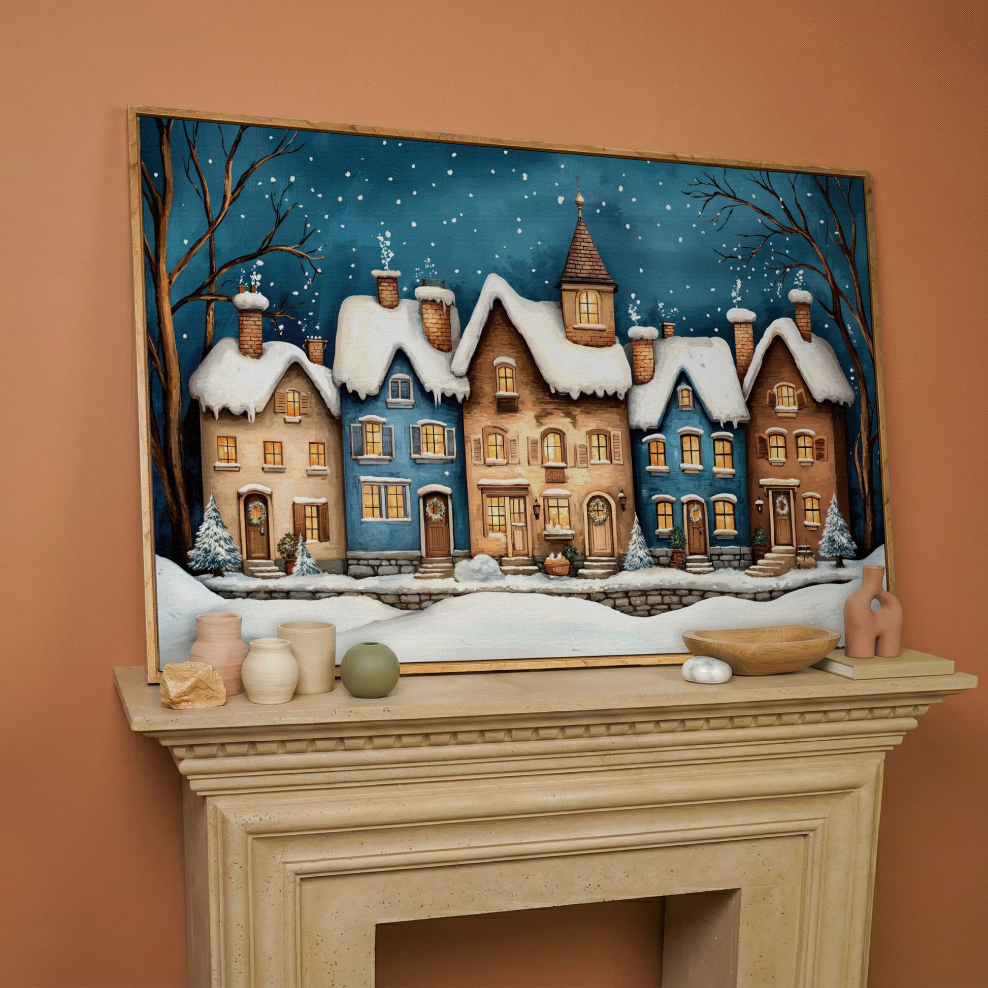 Winter Night Town Canvas Print with Golden Windows in white oak floating frame