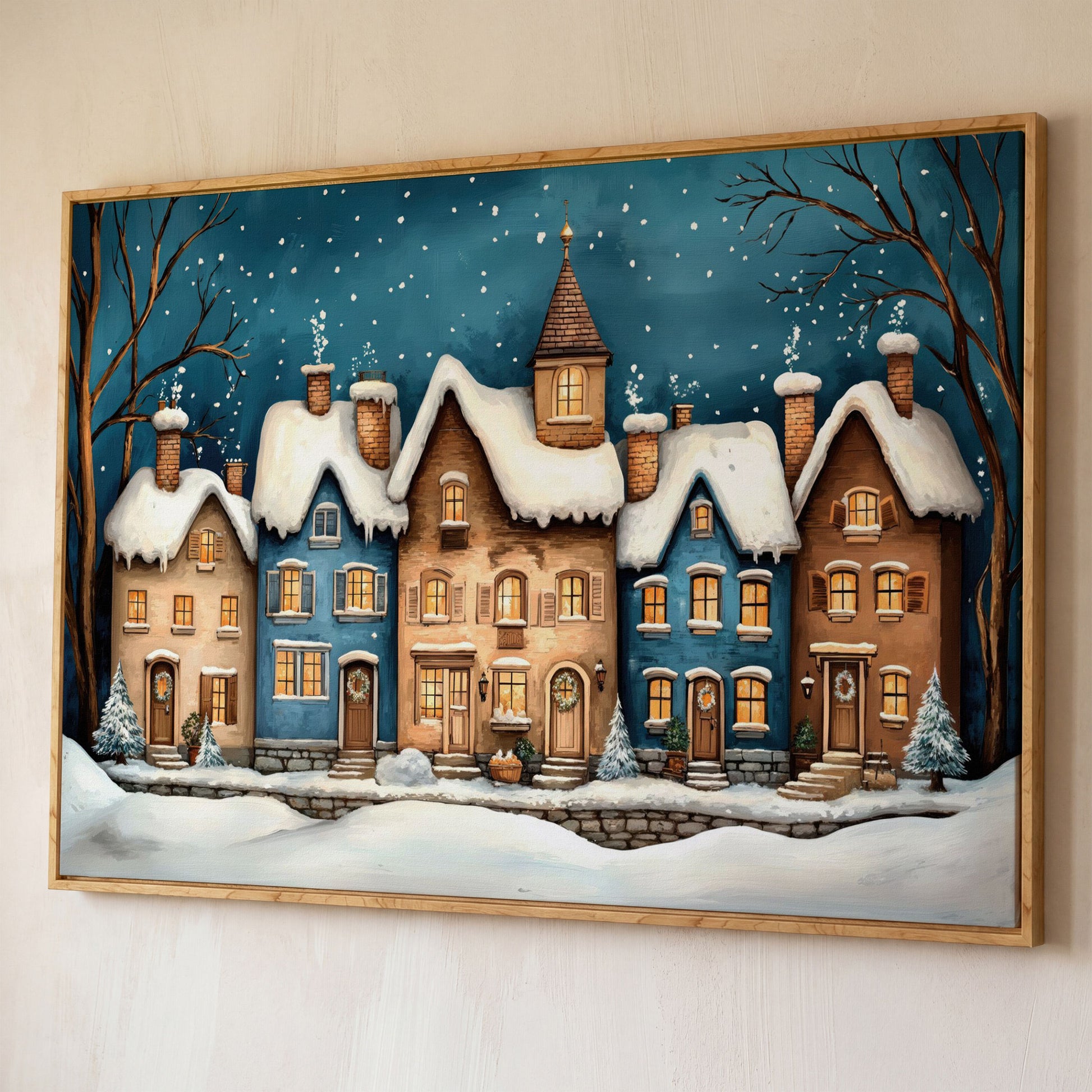 Winter Night Town Canvas Print with Golden Windows shown in white oak floating frame
