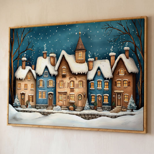 Winter Night Town Canvas Print with Golden Windows shown in white oak floating frame