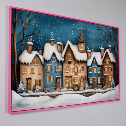 Winter Night Town Canvas Print with Golden Windows in pink floating frame