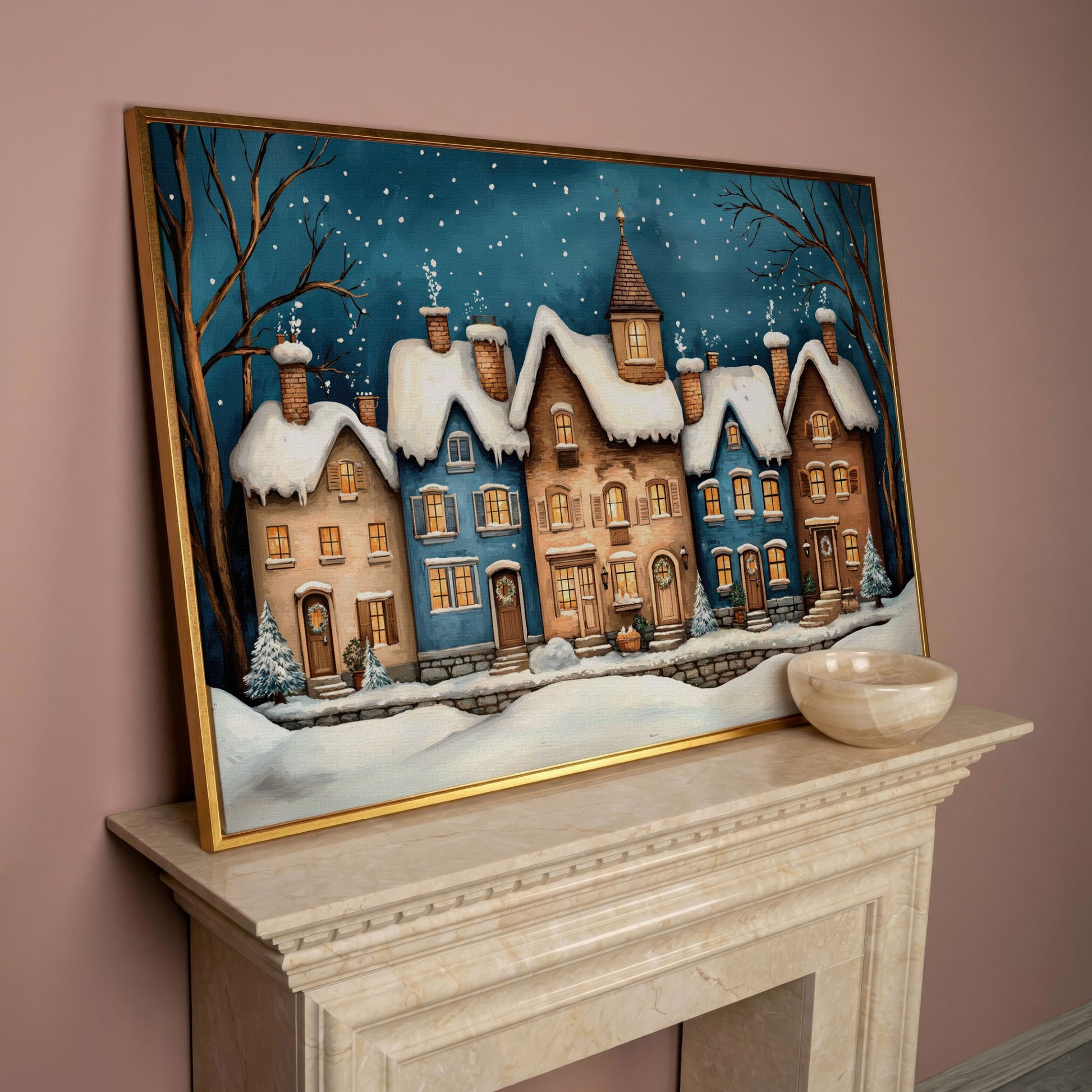 Winter Night Town Canvas Print with Golden Windows in rose gold floating frame