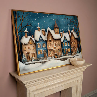 Winter Night Town Canvas Print with Golden Windows in rose gold floating frame