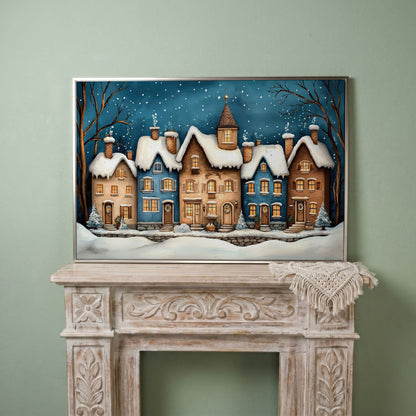 Winter Night Town Canvas Print with Golden Windows in silver floating frame
