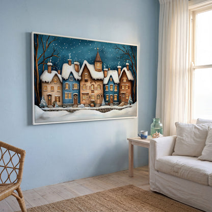 Winter Night Town Canvas Print with Golden Windows in white floating frame