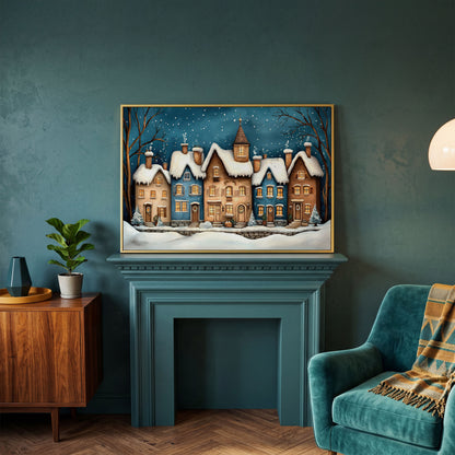 Winter Night Town Canvas Print with Golden Windows in yellow gold floating frame