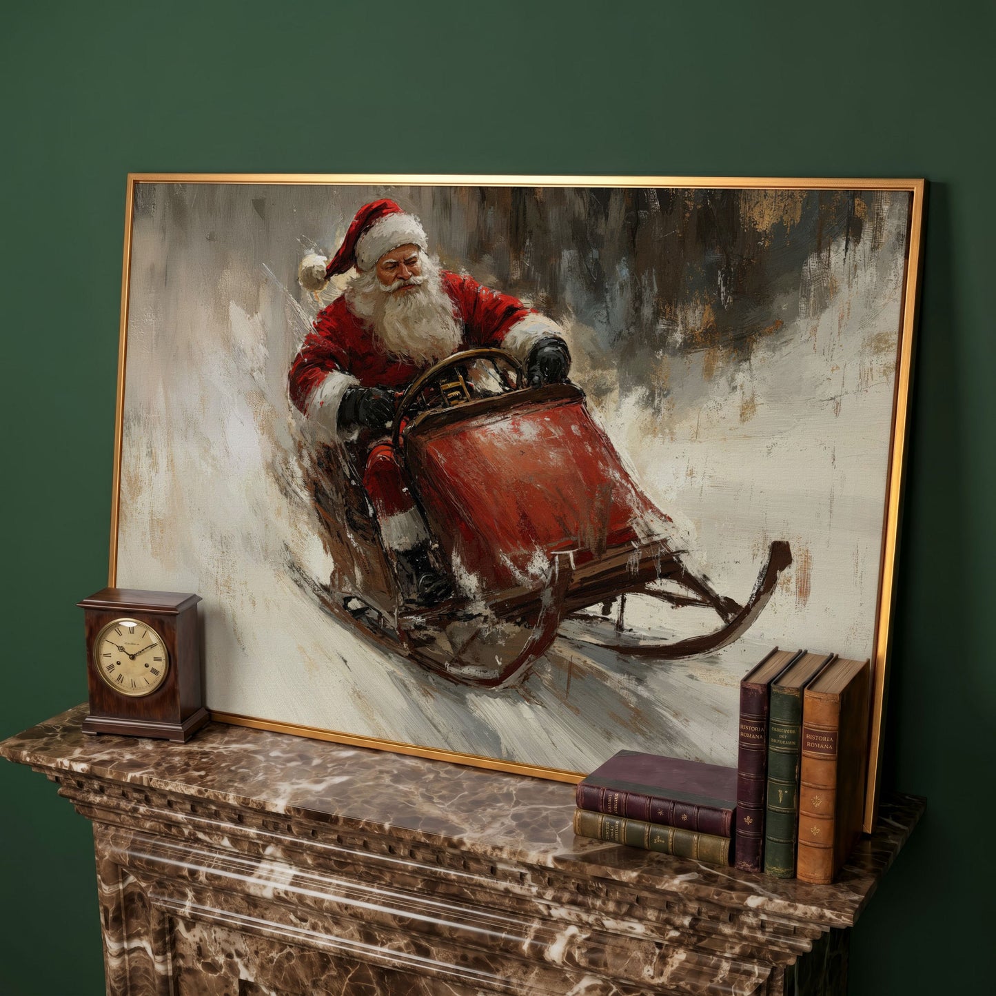 Santa's Sleigh Ride Canvas Print in antique gold floating frame