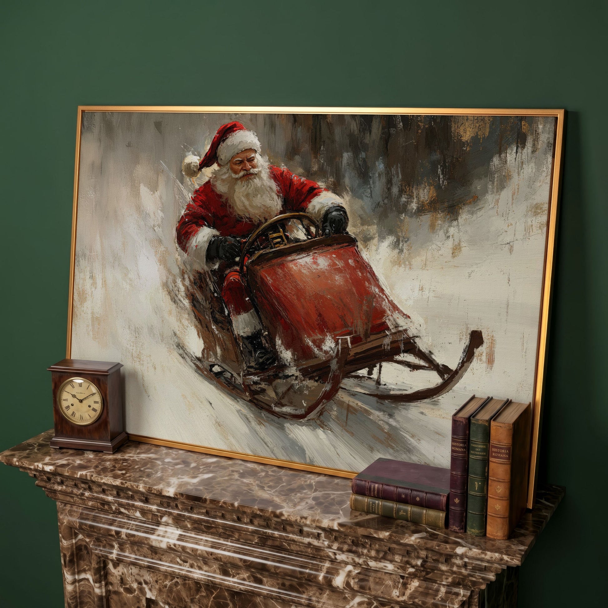 Santa's Sleigh Ride Canvas Print in antique gold floating frame