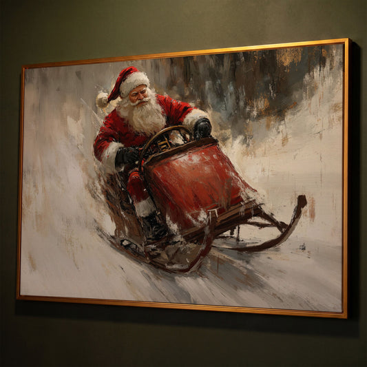 Santa's Sleigh Ride Canvas Print shown in antique gold floating frame