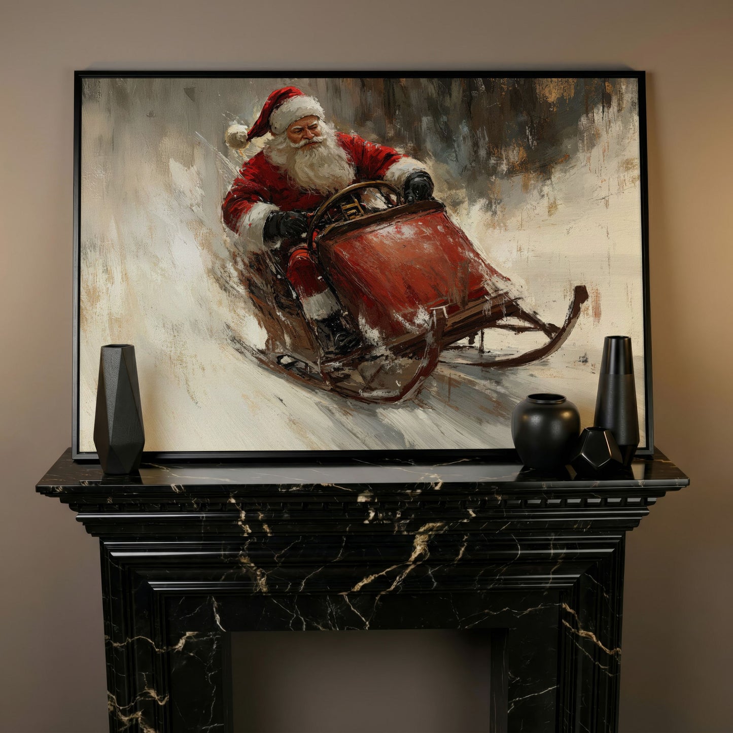 Santa's Sleigh Ride Canvas Print in black floating frame