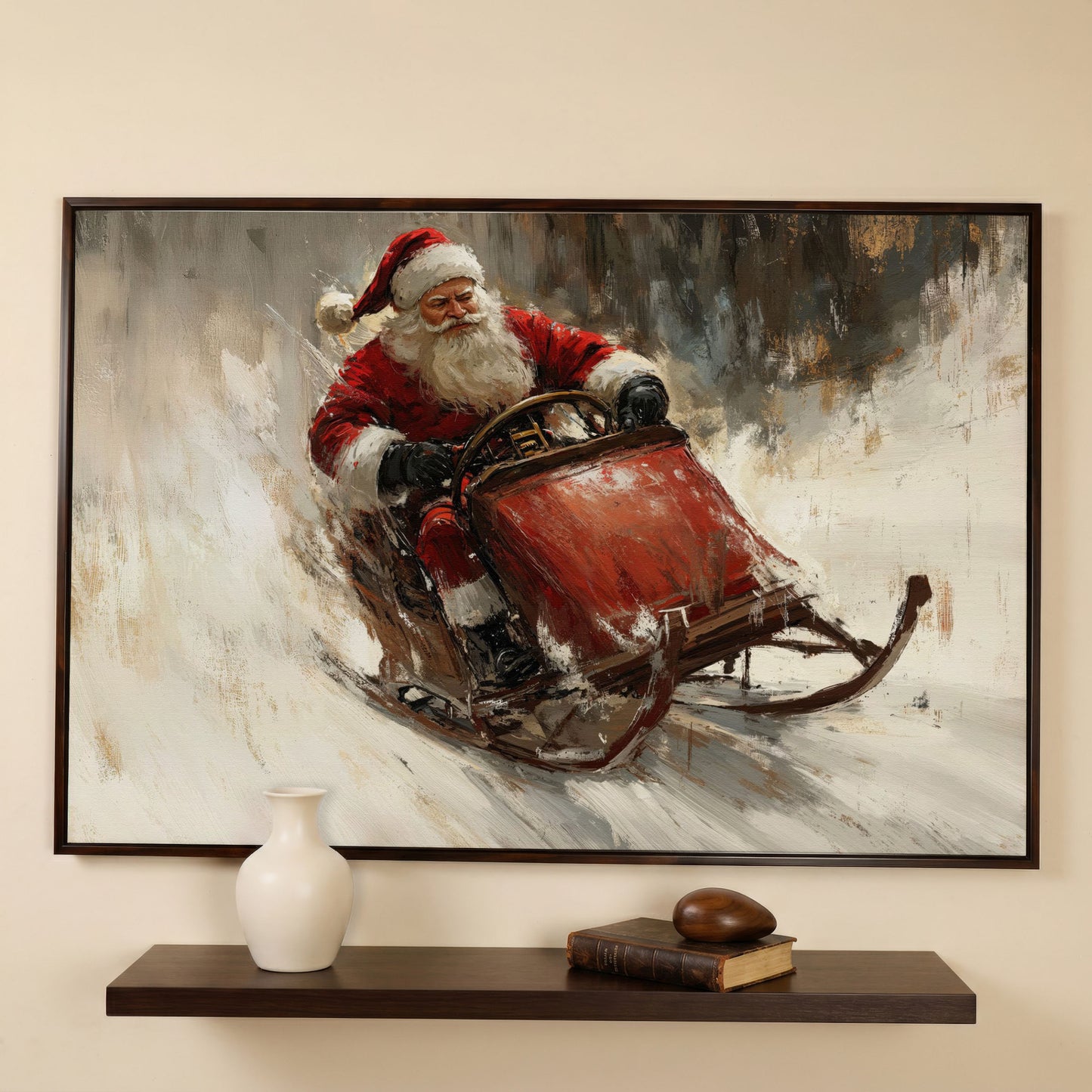 Santa's Sleigh Ride Canvas Print in dark walnut floating frame
