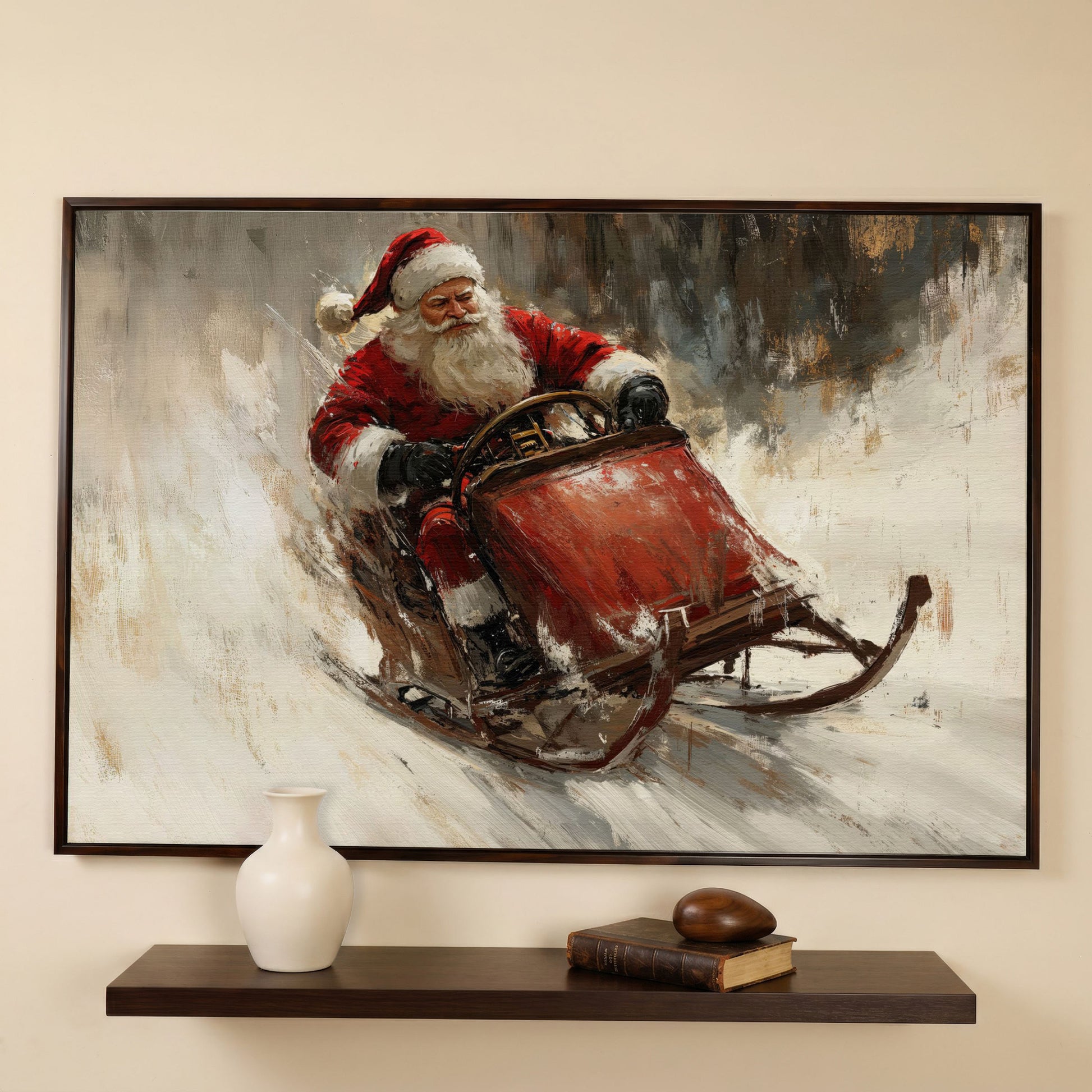 Santa's Sleigh Ride Canvas Print in dark walnut floating frame