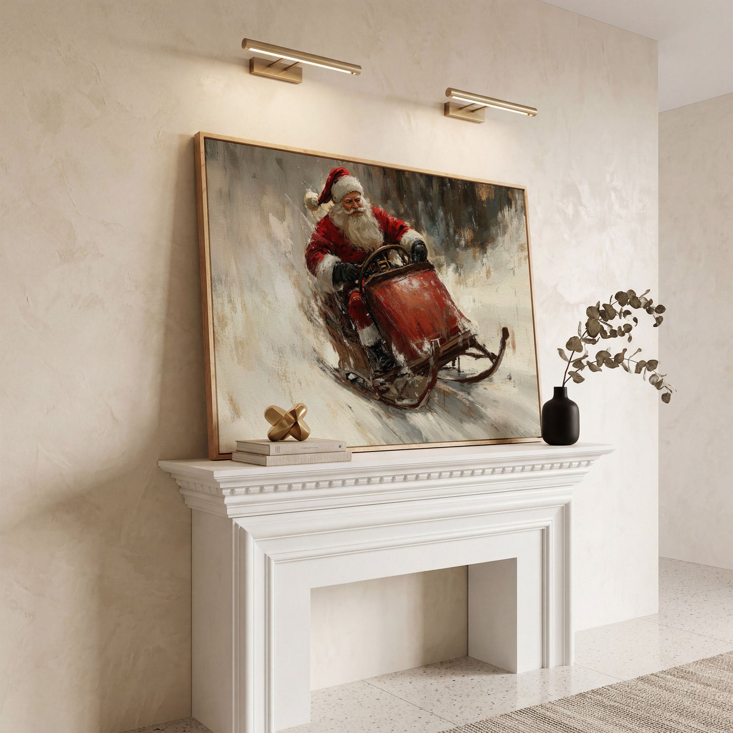 Santa's Sleigh Ride Canvas Print in white oak floating frame