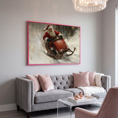 Santa's Sleigh Ride Canvas Print in pink floating frame