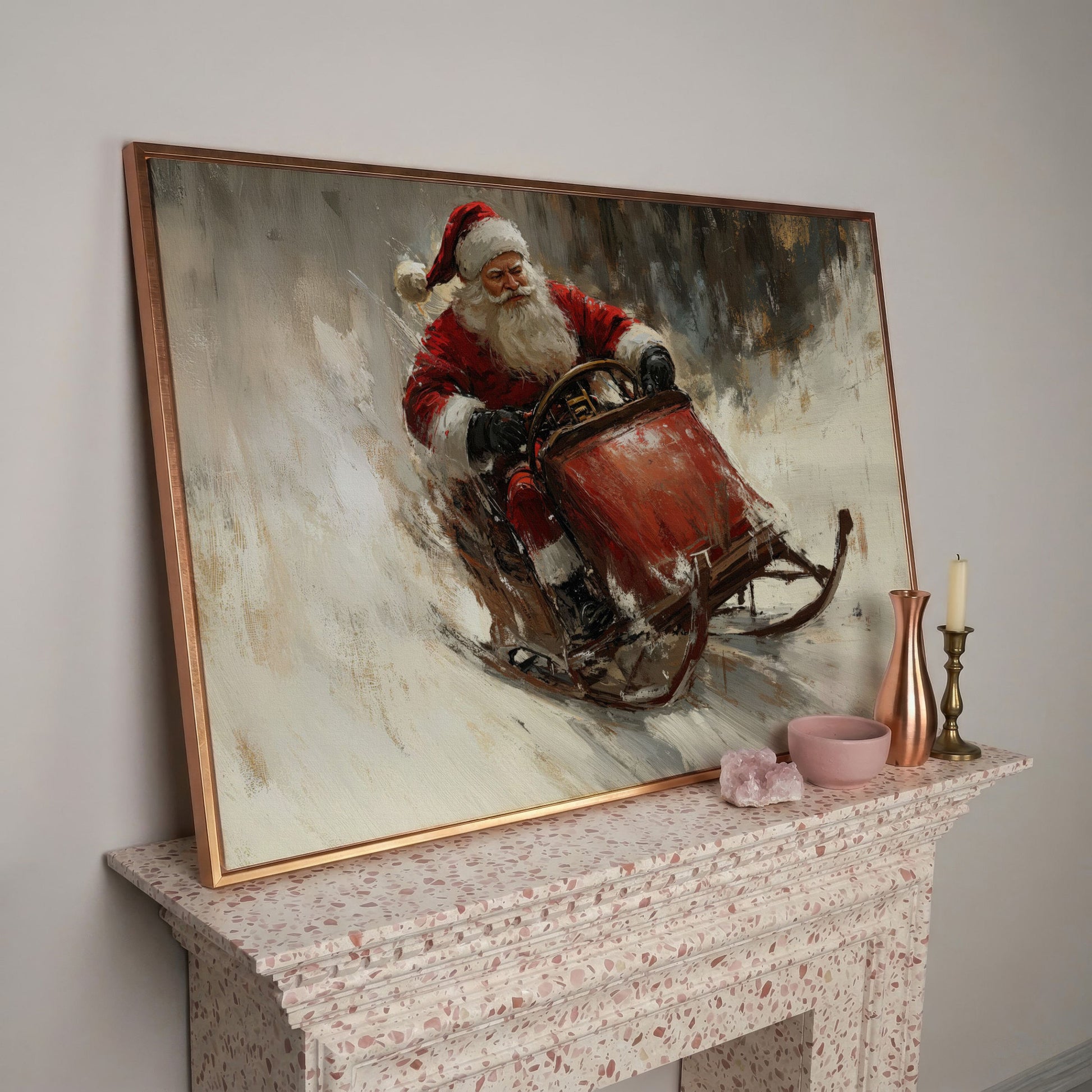 Santa's Sleigh Ride Canvas Print in rose gold floating frame