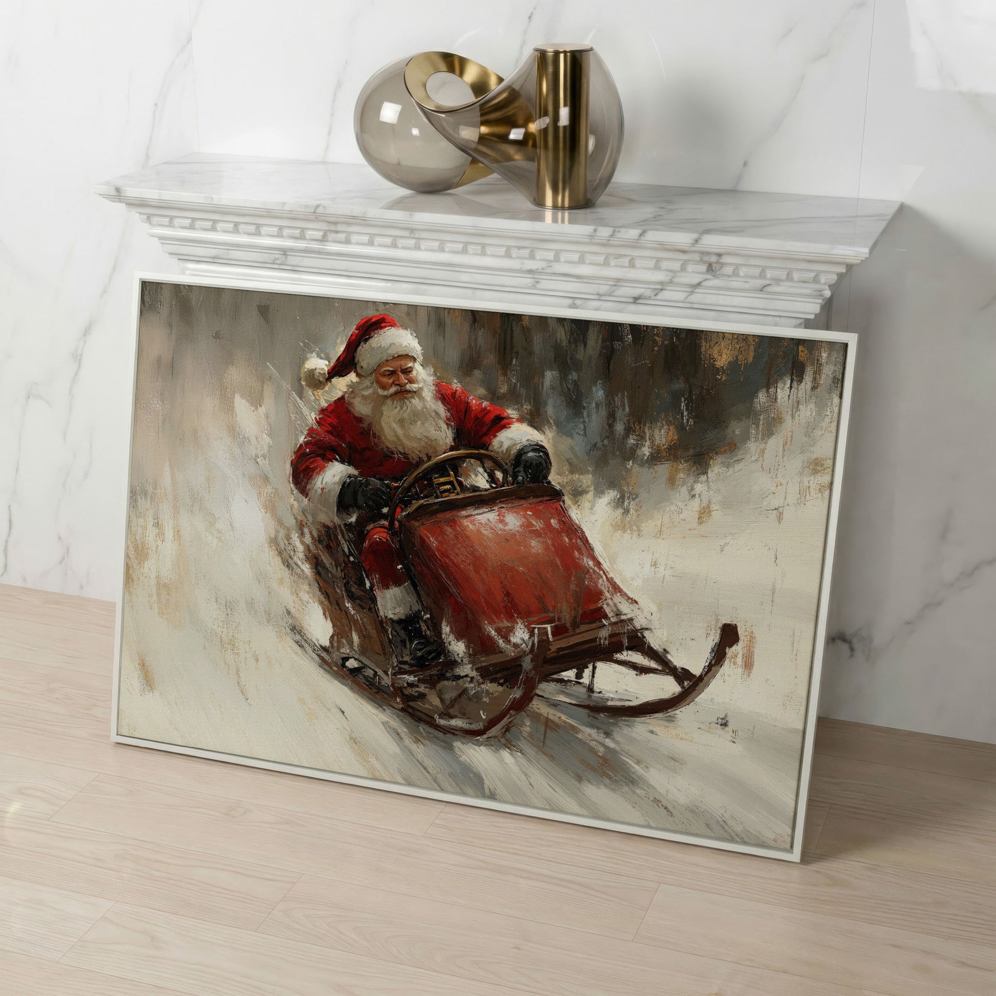 Santa's Sleigh Ride Canvas Print in white floating frame
