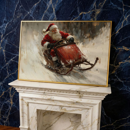 Santa's Sleigh Ride Canvas Print in yellow gold floating frame