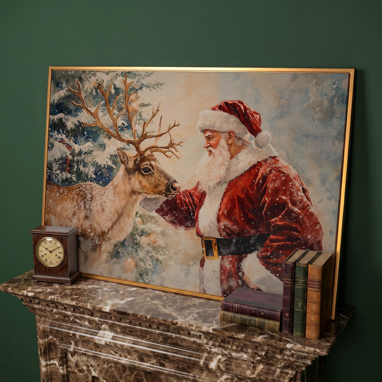 Santa and Reindeer Watercolor Canvas Print in antique gold floating frame