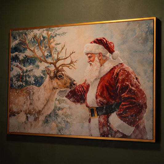 Santa and Reindeer Watercolor Canvas Print shown in antique gold floating frame