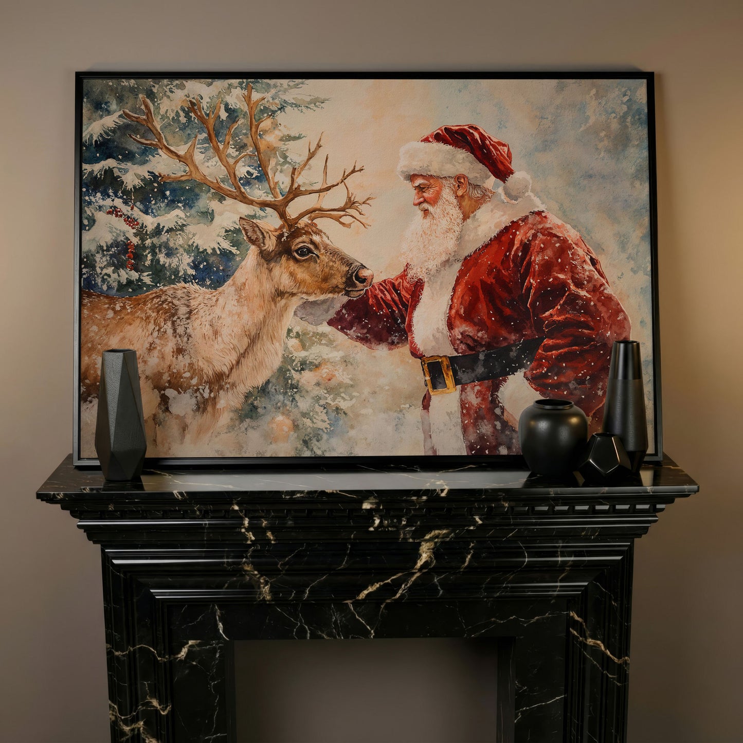 Santa and Reindeer Watercolor Canvas Print in black floating frame