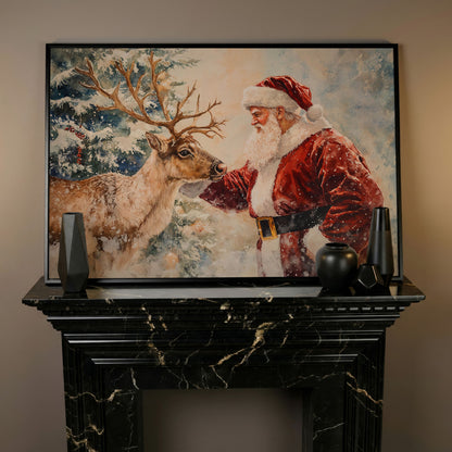 Santa and Reindeer Watercolor Canvas Print in black floating frame