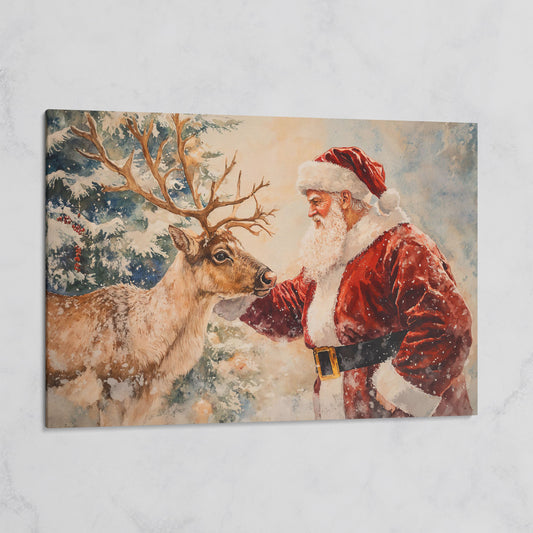 Santa and Reindeer Watercolor Canvas Print on gallery wrap