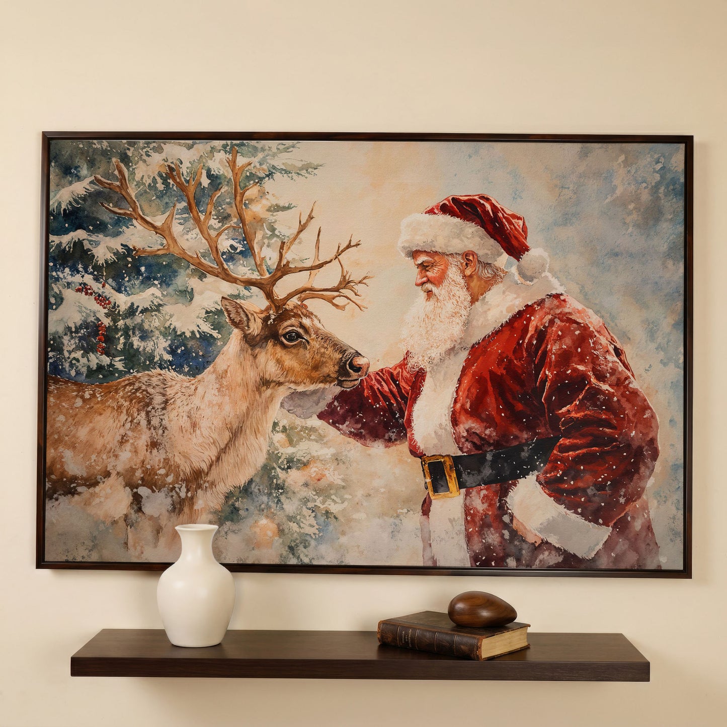 Santa and Reindeer Watercolor Canvas Print in dark walnut floating frame