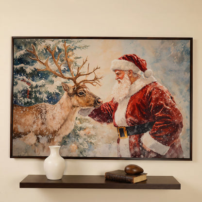 Santa and Reindeer Watercolor Canvas Print in dark walnut floating frame