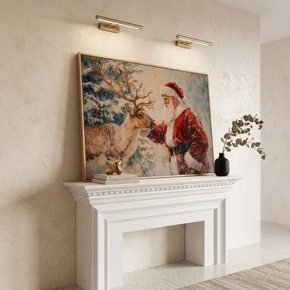 Santa and Reindeer Watercolor Canvas Print in white oak floating frame