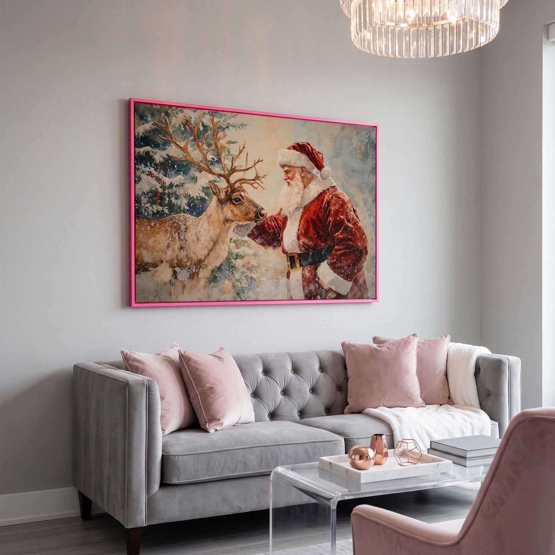 Santa and Reindeer Watercolor Canvas Print in pink floating frame