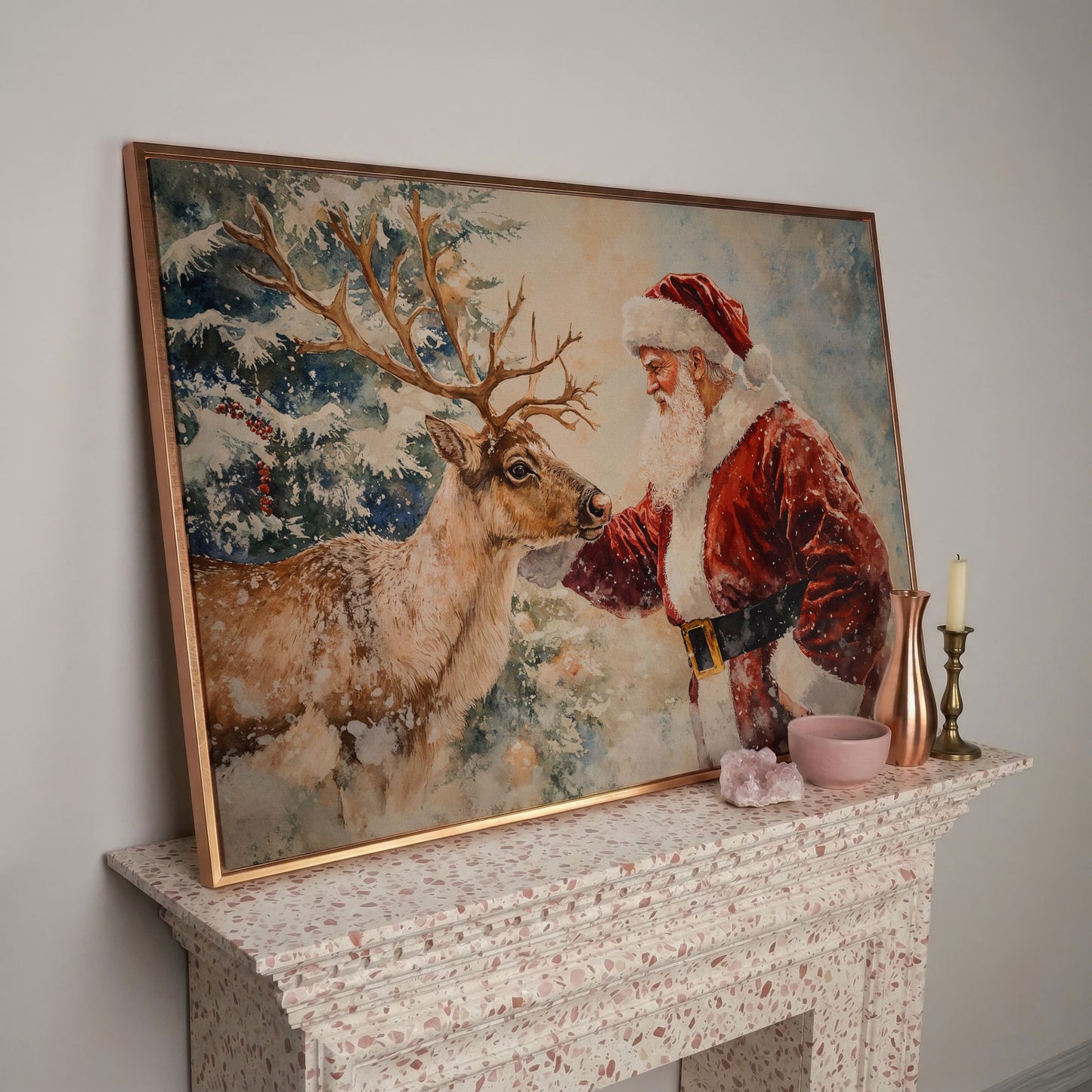 Santa and Reindeer Watercolor Canvas Print in rose gold floating frame