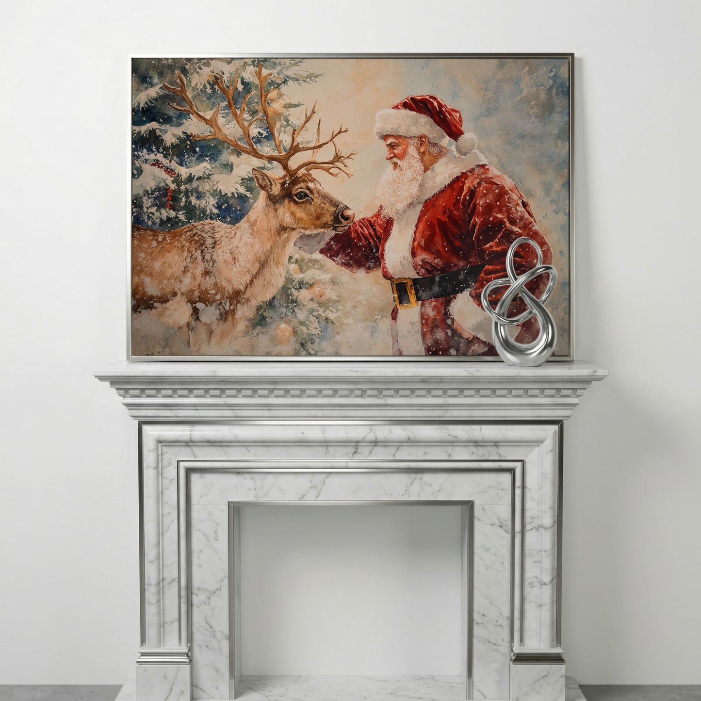 Santa and Reindeer Watercolor Canvas Print in silver floating frame