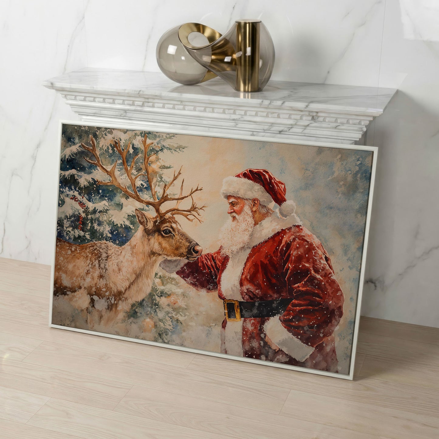 Santa and Reindeer Watercolor Canvas Print in white floating frame