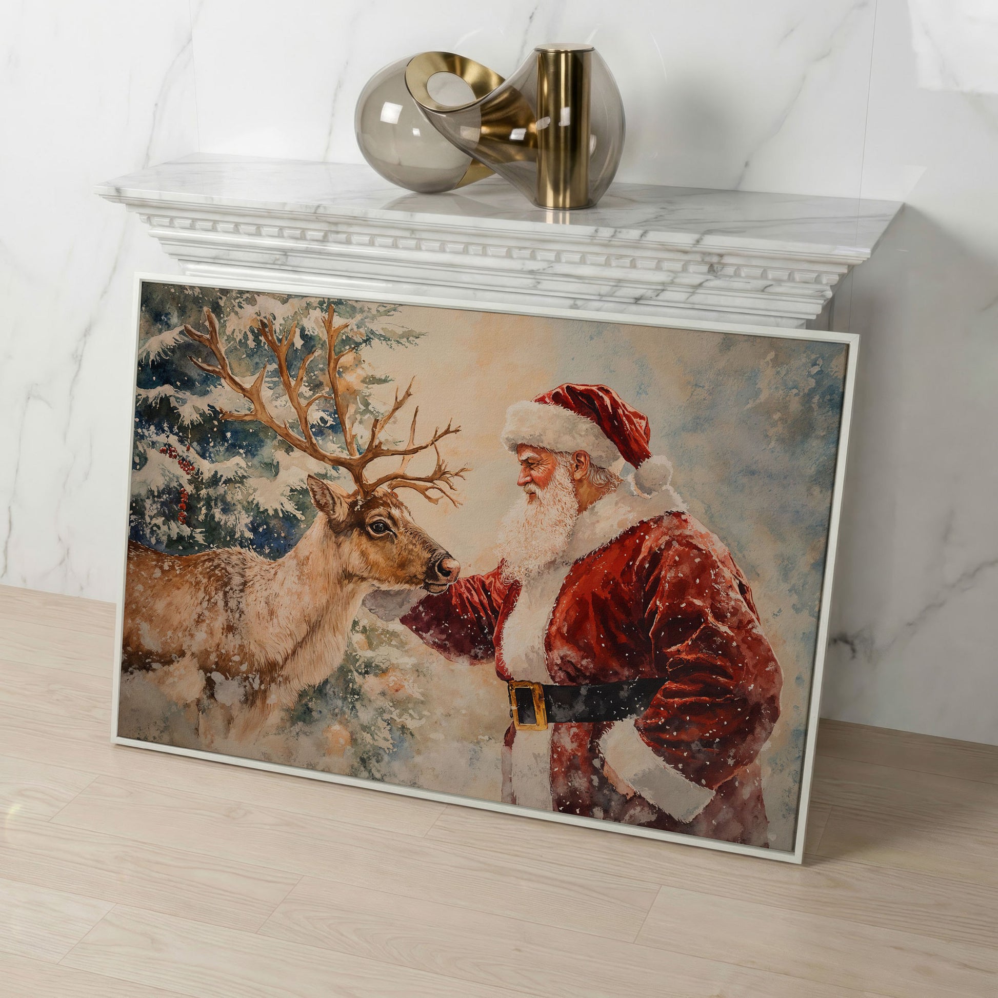 Santa and Reindeer Watercolor Canvas Print in white floating frame