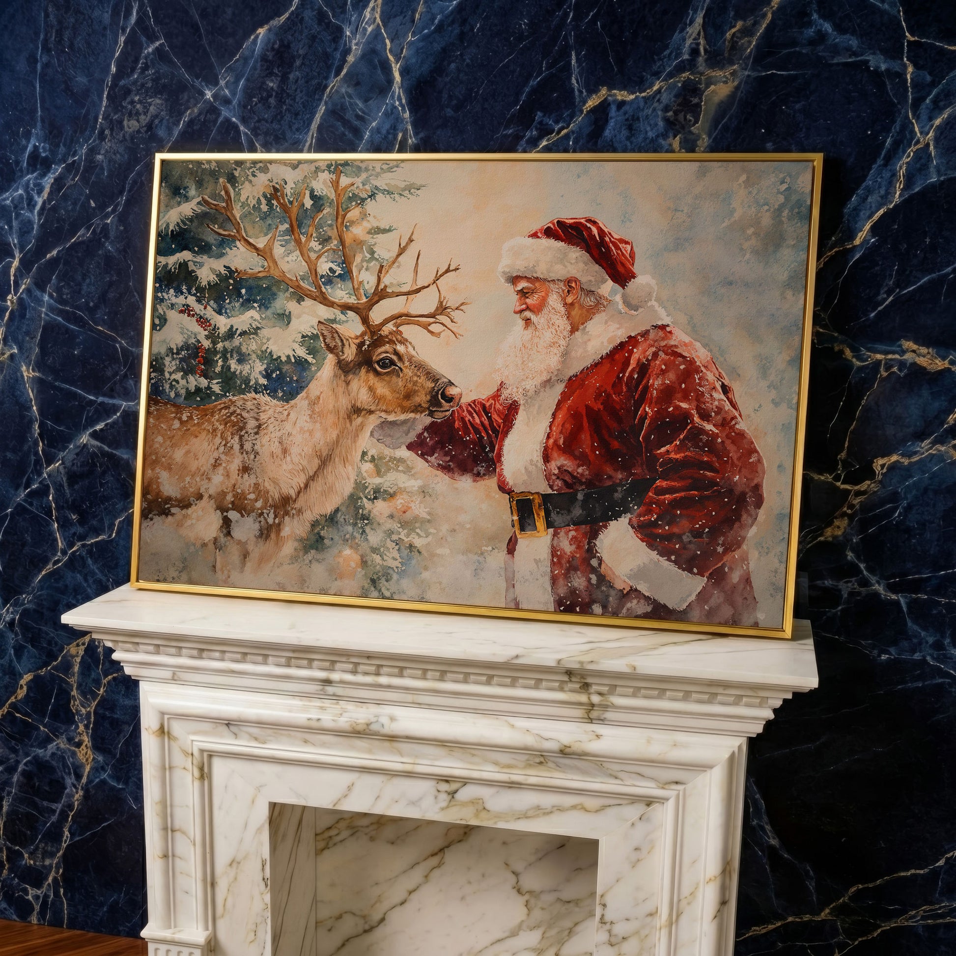 Santa and Reindeer Watercolor Canvas Print in yellow gold floating frame