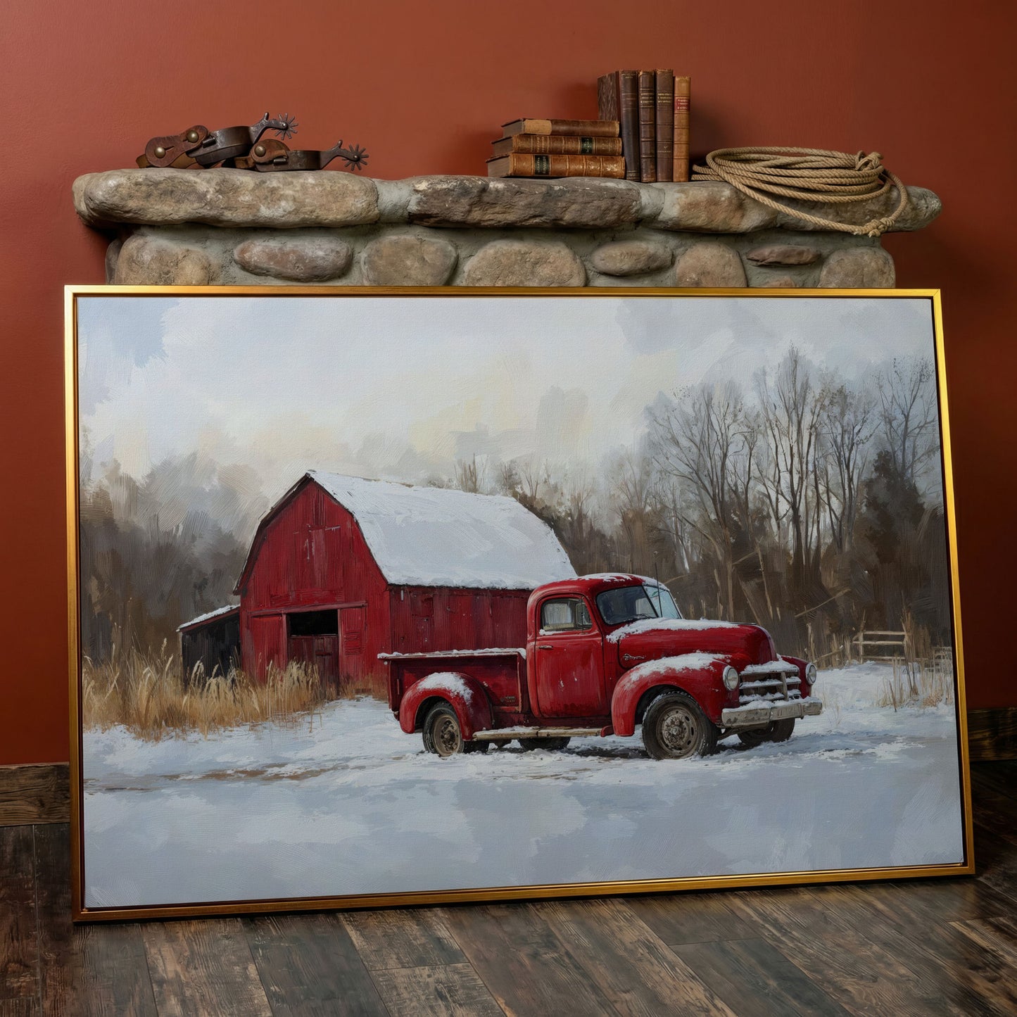 Red Barn and Pickup Truck in Snow Canvas Print in antique gold floating frame