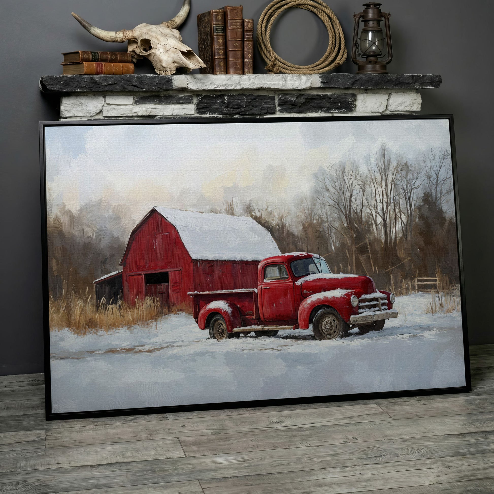 Red Barn and Pickup Truck in Snow Canvas Print in black floating frame