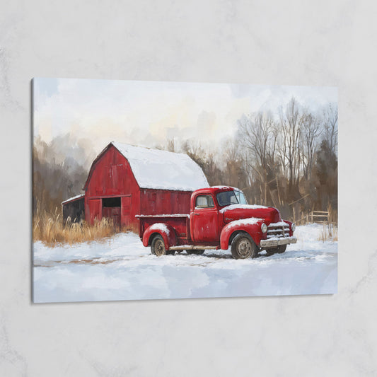Red Barn and Pickup Truck in Snow Canvas Print on gallery wrap