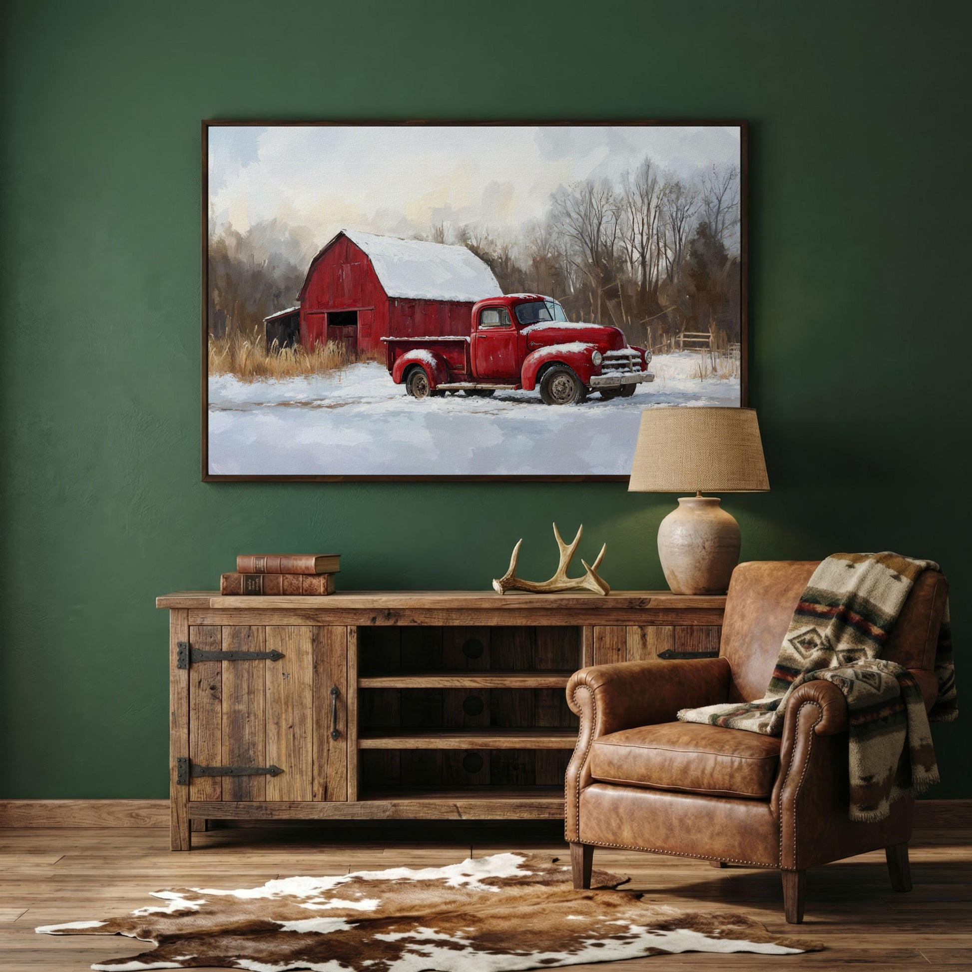Red Barn and Pickup Truck in Snow Canvas Print in dark walnut floating frame