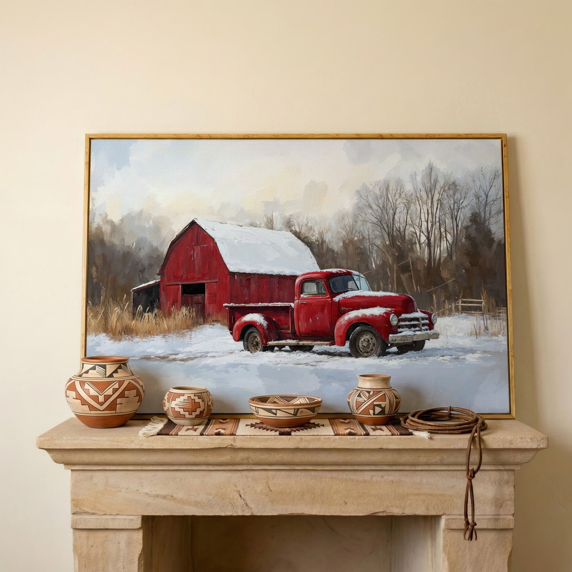 Red Barn and Pickup Truck in Snow Canvas Print in white oak floating frame