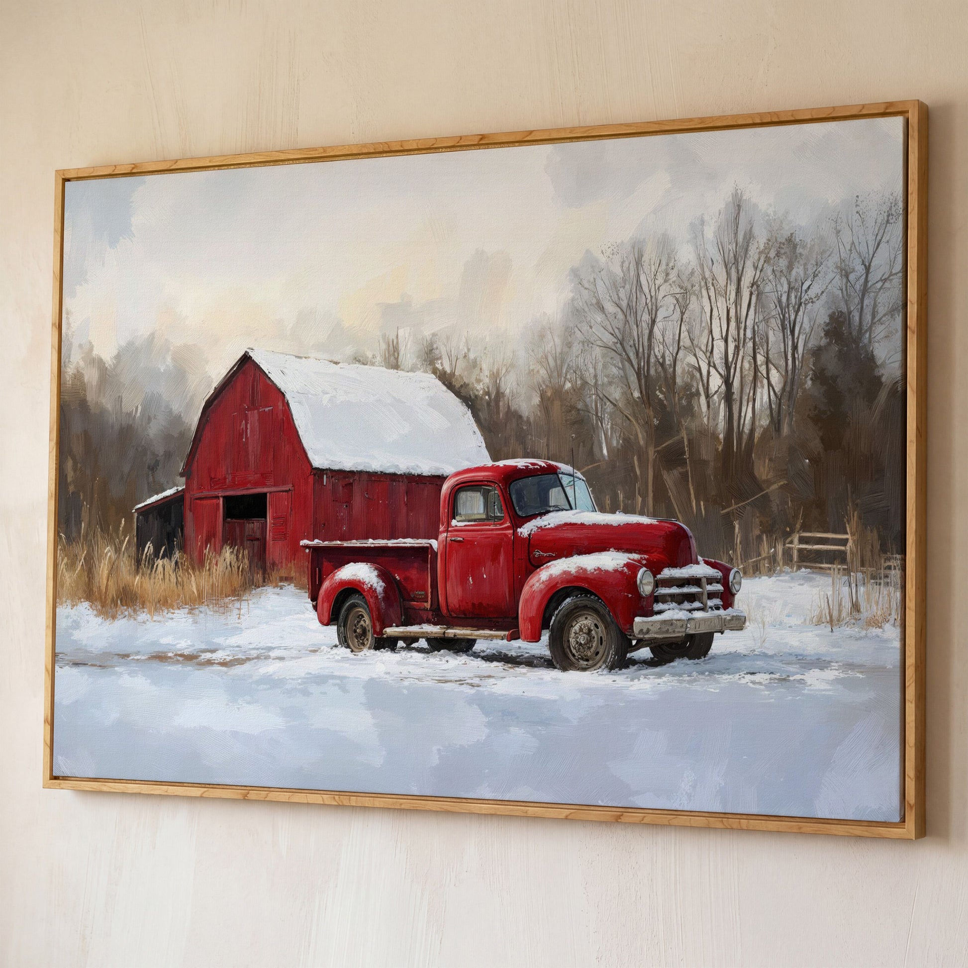 Red Barn and Pickup Truck in Snow Canvas Print shown in white oak floating frame