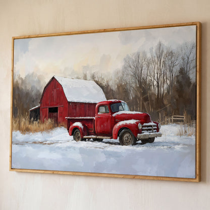 Red Barn and Pickup Truck in Snow Canvas Print shown in white oak floating frame