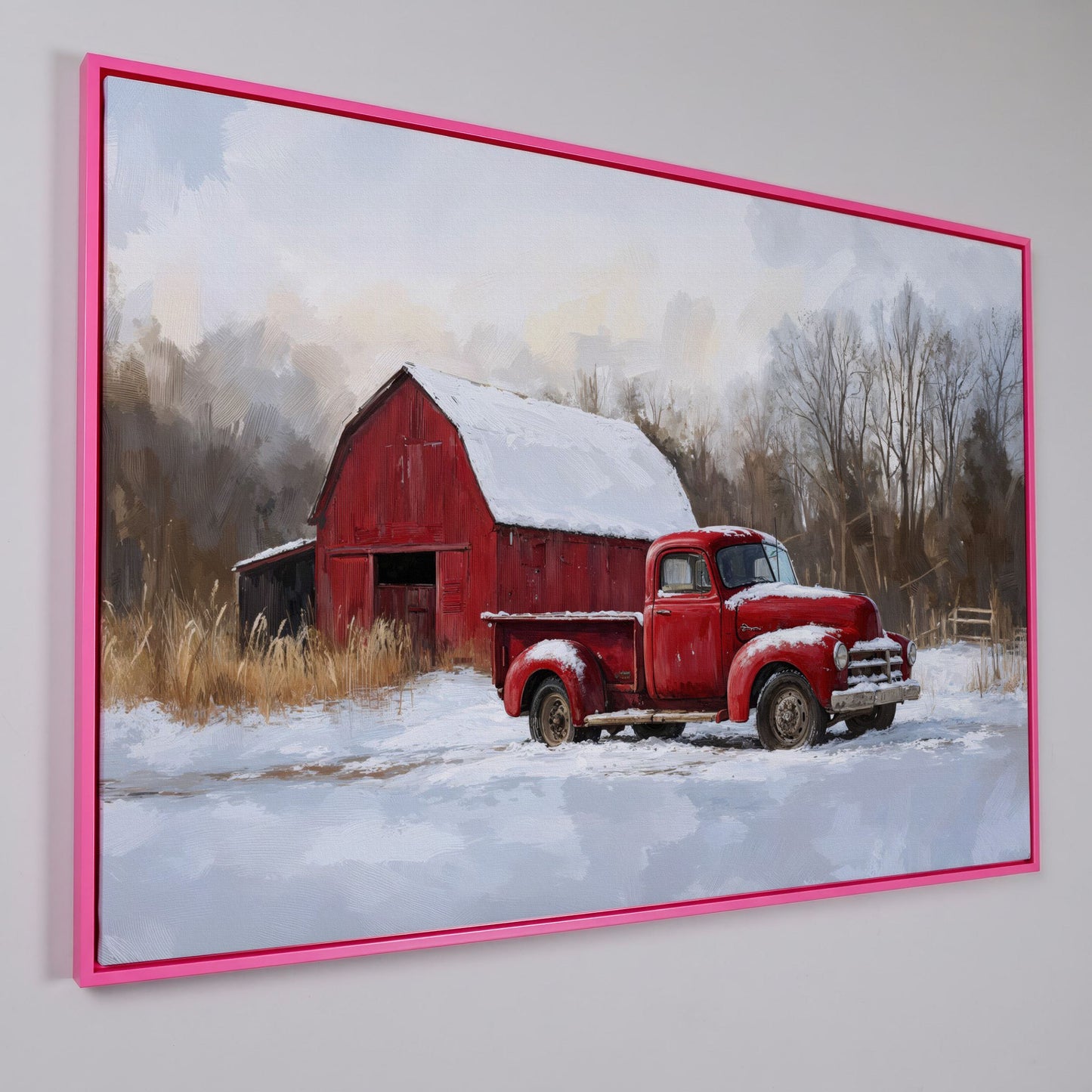Red Barn and Pickup Truck in Snow Canvas Print in pink floating frame