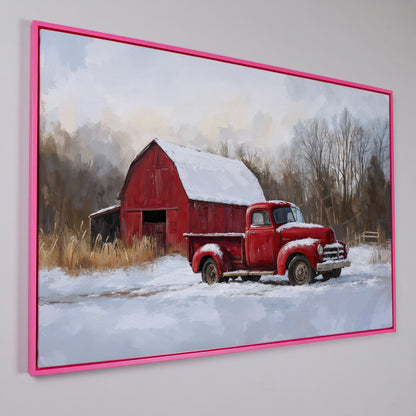 Red Barn and Pickup Truck in Snow Canvas Print in pink floating frame
