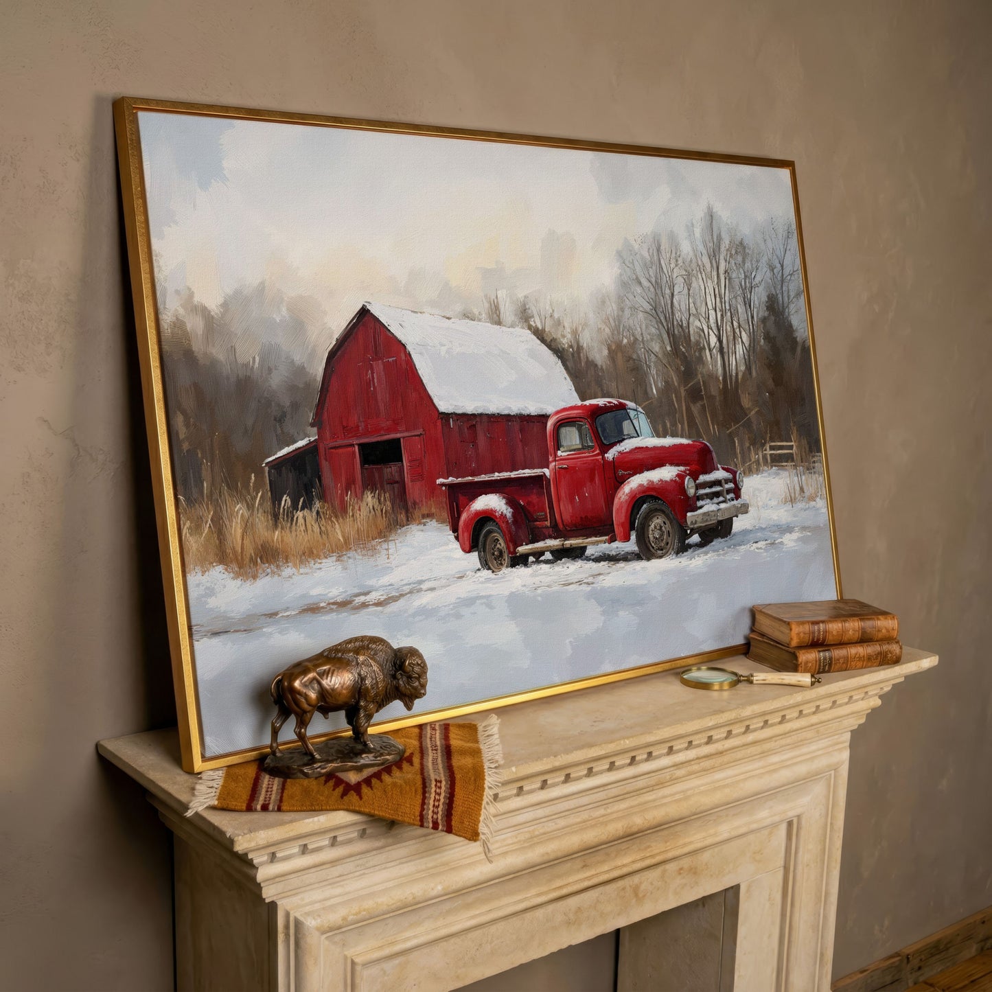 Red Barn and Pickup Truck in Snow Canvas Print in rose gold floating frame