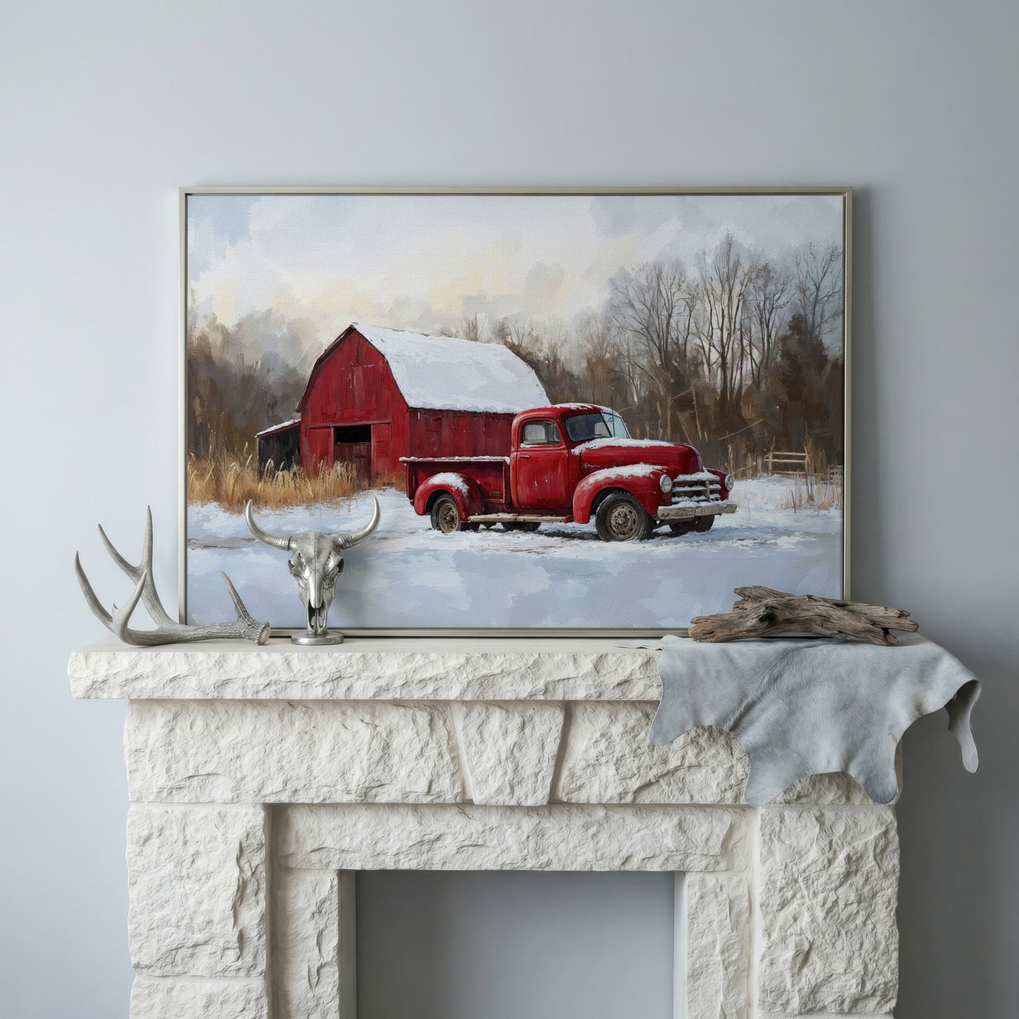 Red Barn and Pickup Truck in Snow Canvas Print in silver floating frame