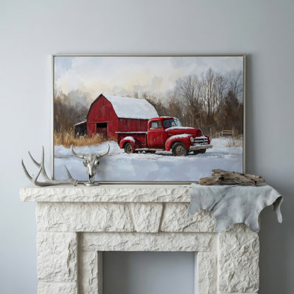 Red Barn and Pickup Truck in Snow Canvas Print in silver floating frame