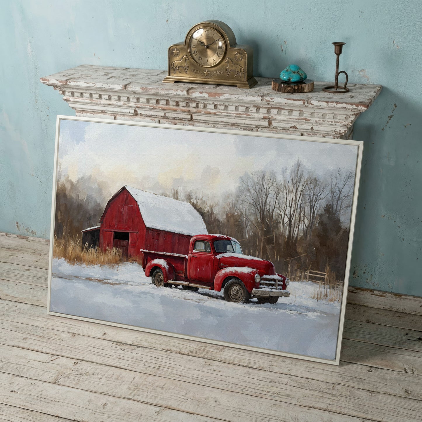 Red Barn and Pickup Truck in Snow Canvas Print in white floating frame
